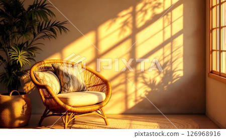Rattan armchair with geometric cushions bathed in golden afternoon light creating dramatic window shadows on wall. Warm interior concept. Rattan armchair with geometric cushions bathed in golden afternoon light creating dramatic window shadows on wall. Warm interior concept. 126968916