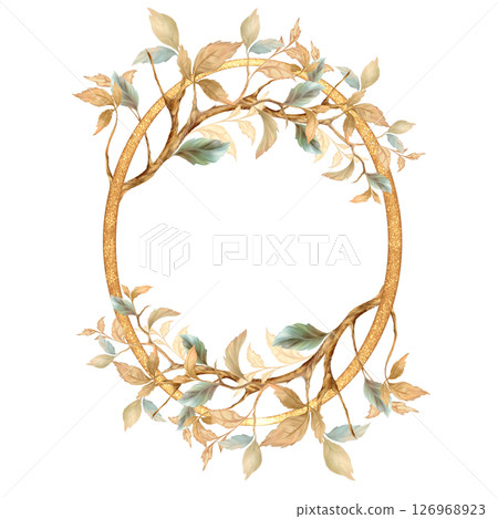 Golden Frame with Hand-drawn Teal and Beige Leaves 126968923