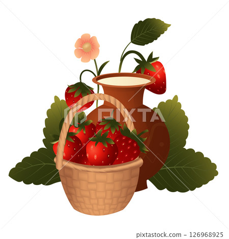 Basket of strawberries and a clay jug of milk on the background of a strawberry bush. Vector illustration isolated on a white background. 126968925