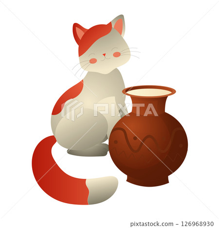 White cat with red spots and clay jug with milk. Vector illustration isolated on white background. White cat with red spots and clay jug with milk. Vector illustration isolated on white background. 126968930