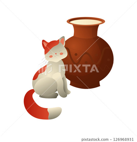 White cat with red spots and clay jug with milk. Vector illustration isolated on white background. White cat with red spots and clay jug with milk. Vector illustration isolated on white background. 126968931