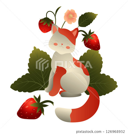 White cat with red spots and ripe strawberries. Vector illustration isolated on white background. White cat with red spots and ripe strawberries. Vector illustration isolated on white background. 126968932