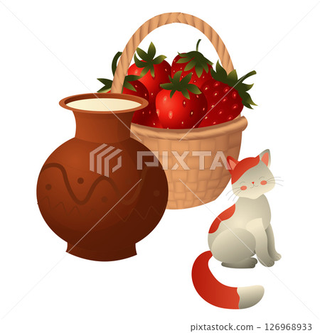 White cat with red spots, strawberry bush and clay jug with milk. Vector illustration isolated on white background. White cat with red spots, strawberry bush and clay jug with milk. Vector illustration isolated on white background. 126968933