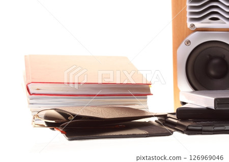 glasses eBook reader pile of books, isolated on white 126969046