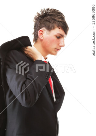 young businessman black suit casual tie on white background 126969096