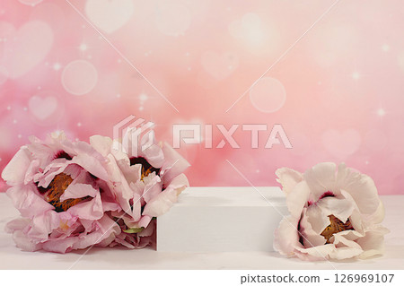 Empty podium with spring mountain peony flowers.Abstract floral arrangement with peonies, banner. Creative template for your design.Minimal modern aesthetics, elegant beauty concept 126969107
