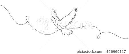 One continuous line drawing of a flying white dove. Symbol of peace, hope and freedom. Single line editable vector drawing. 126969117