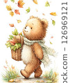 A bear carrying a basket bag and autumn leaves 126969121