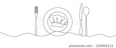 Fork, knife, spoon with plate and chef's cap in one solid line. Single line editable cutlery template for business cards, banners. Symbol of cafe, restaurant. Vector illustration Fork, knife, spoon with plate and chef's cap in one solid line. Single line editable cutlery template for business cards, banners. Symbol of cafe, restaurant. Vector illustration 126969122
