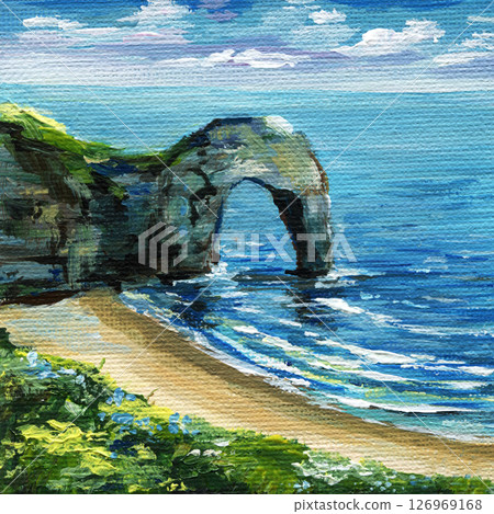 Sea arch and beach landscape, ocean waves crashing on rocky shore, impressionist coastal scenery painting, nature travel art 126969168