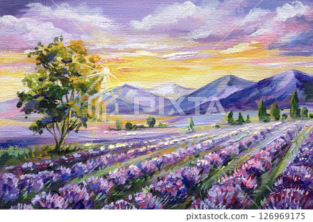 Lavender field landscape at sunset with tree and mountains, impressionist floral acrylic painting, summer countryside art 126969175