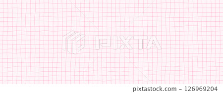 Checkered pink hand drawn pattern . Texture of checkered notebook sheet. Abstract vector retro pattern with wavy grid. 126969204