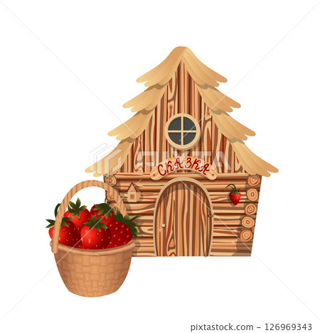 Cute fairy-tale wooden house and a big basket with ripe strawberries. Above the entrance to the house there is a sign with the inscription fairy tale. Vector illustration isolated on white background. 126969343
