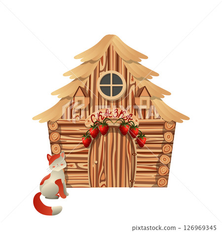 Cute cat with red spots on the background of a fairy-tale wooden house. Above the entrance to the house there is a sign with the inscription fairy tale. Vector illustration isolated on white backgroun 126969345