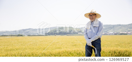 Japanese farmer standing in a wheat field in early summer 126969527