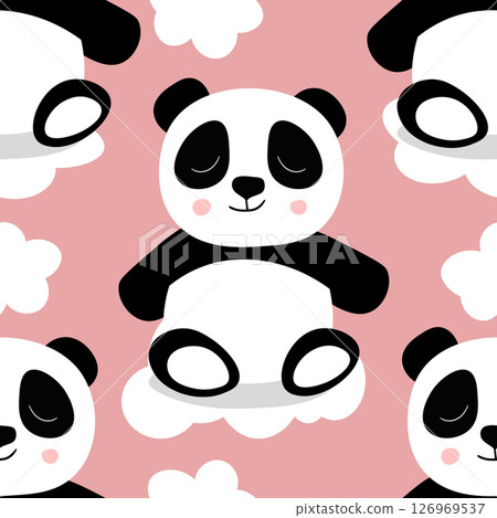 Seamless pattern with cute panda baby on color background. Funny asian animals. Card, postcards for kids. Flat vector illustration for fabric, textile, wallpaper, poster, gift wrapping paper 126969537