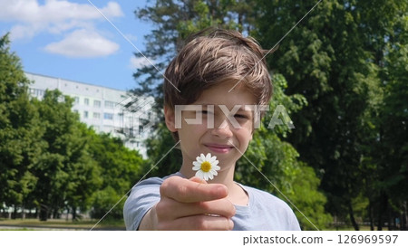 boy holding one chamomile. happy teen with a daisy in his hands. Summer outdoors time. boy holding one chamomile. happy teen with a daisy in his hands. Summer outdoors time. 126969597