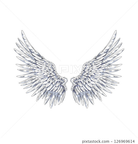 Angel wings sketch, vector hand drawn spread white wings, pair of heraldic wings bird winged feathers up side 126969614