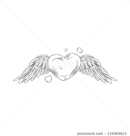Angel wings with heart gemstone sketch, pair of heraldic bird winged feathers, vector engraved hand drawn love symbol Angel wings with heart gemstone sketch, pair of heraldic bird winged feathers, vector engraved hand drawn love symbol 126969621