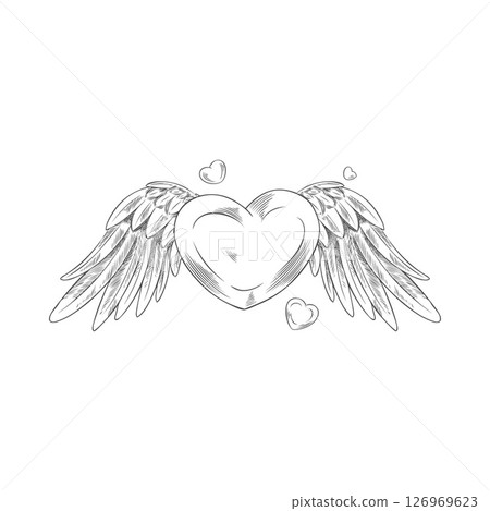Heart outline with angel wings down, done in hand sketch style. Heart outline with angel wings down, done in hand sketch style. 126969623