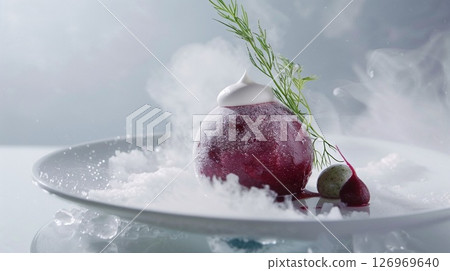 Frozen red dessert sphere on a white plate with light whipped topping and fresh herbs, surrounded by dry ice fog.  126969640