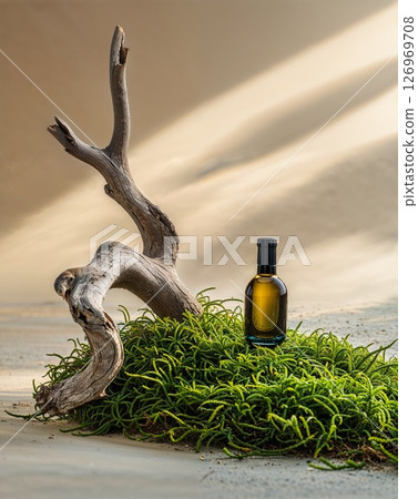 Elegant perfume bottle displayed on a bed of moss with a sculptural wood piece in warm studio lighting.  126969708