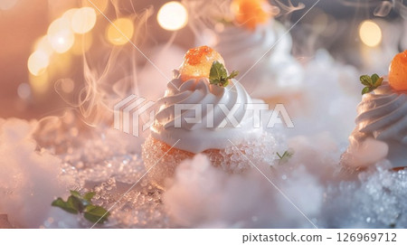 Close-up of frosted cupcakes decorated with mint and pearls, surrounded by dreamy vapor and sparkling lights.  126969712