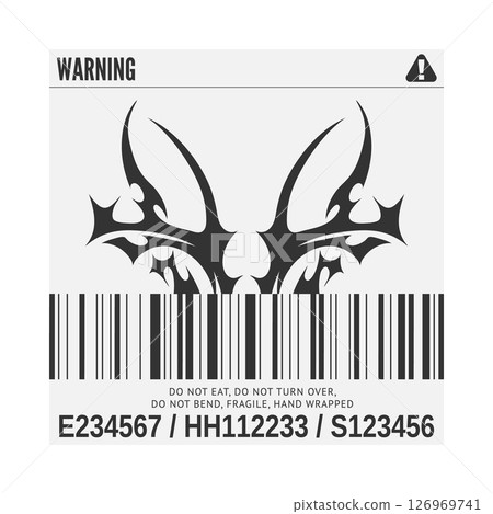 Warning poster with tribal y2k design, QR code, signs and lettering. Warning poster with tribal y2k design, QR code, signs and lettering. 126969741