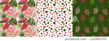 Tropical seamless pattern set with colorful palm leaves and abstract shapes. Bright jungle foliage, modern botanical background, exotic plants texture for textile, wallpaper, wrapping, and decor. 126969744