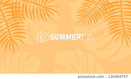 Minimal tropical summer background with palm leaves silhouette and bold text. Bright orange vector design for seasonal banners, travel ads, invitations, posters, or digital campaigns. Minimal tropical summer background with palm leaves silhouette and bold text. Bright orange vector design for seasonal banners, travel ads, invitations, posters, or digital campaigns. 126969747