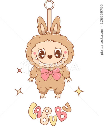 Cute Monster keychain Toy Labubu. Fluffy Cartoon Funny kawaii fantasy character. Vector illustration. Kids collection for stickers, merchandise, mascot and design 126969796