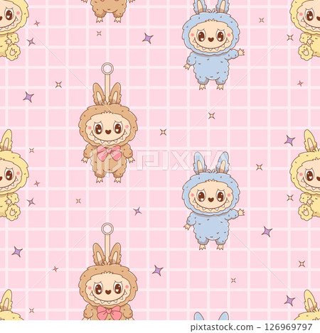 Seamless pattern with Cute Monster Toy Labubu on pink checkered background. Cartoon Funny kawaii fantasy plush toothy character. Vector illustration. Kids collection 126969797