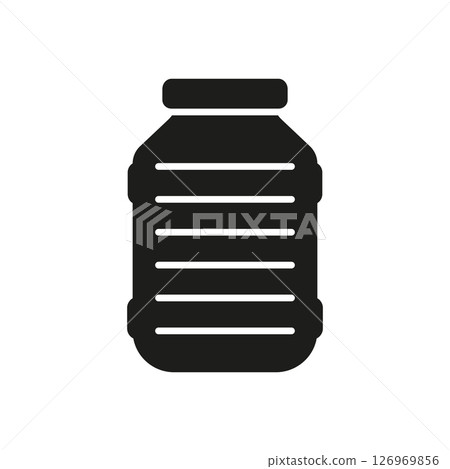 Large Water Dispenser Bottle, Refillable Cooler Jug With Label And Cap Silhouette Icon. Drinking Container for Office, Home, and Hydration Solid Symbol. Isolated Vector Illustration 126969856