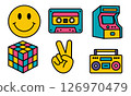 Colorful retro icons including a smiley face, cassette tape, arcade machine, Rubik's cube, peace sign, and boombox. Represents nostalgia and vintage culture. 126970479
