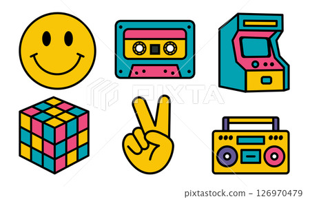 Colorful retro icons including a smiley face, cassette tape, arcade machine, Rubik's cube, peace sign, and boombox. Represents nostalgia and vintage culture. 126970479