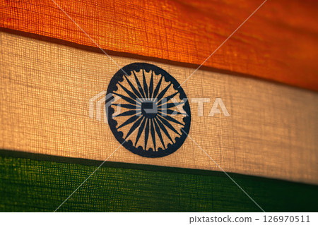 Indian Flag Khadi Fabric Macro with Sunlit Fibers 126970511