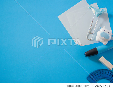 Stylished school supplies design for the new school year on pastel background.Copy sapce. 126970605