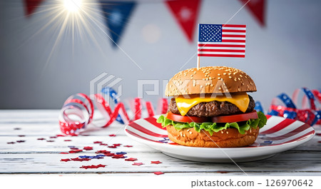 Tasty hamburger on a rustic table. USA Independence Day decorations 126970642
