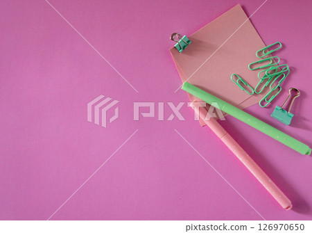 Minimalistic design of school supplies in soft colors for modern learning.Copy sapce. 126970650