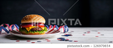 Appetizing hamburger for the 4th of July. Independence Day celebration in the USA 126970654
