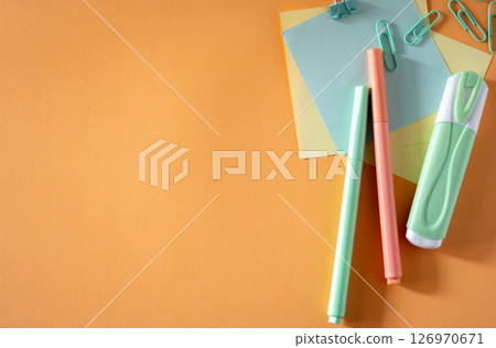 Aesthetic school supplies flat design on minimalist orange background. 126970671