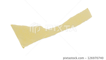 Yellow painter's tape isolated on white background, macro. Torn, crumpled, twisted strips of yellow painter's tape on white background 126970740