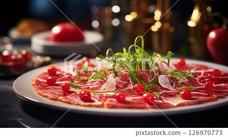 Carpaccio served lakshari style in the kitchen. A traditional Italian food. Carpaccio, a Culinary Masterpiece Carpaccio served lakshari style in the kitchen. A traditional Italian food. Carpaccio, a Culinary Masterpiece 126970773