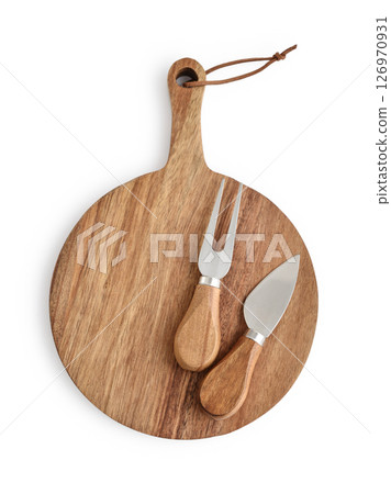 Cheese knife set and circle wooden board with handle 126970931