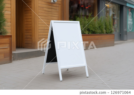 A white sign with black writing is standing on a sidewalk 126971064