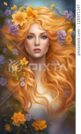 young woman standing in a field of wildflowers, bathed in the warm glow of the setting sun. Floral Embrace: A Woman Surrounded by Beauty 126971147