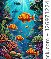 Orange fish swimming among colorful corals in the underwater world of a tropical sea 126971224