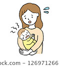 一位母親抱著哭泣的嬰兒的線條畫插圖 126971266