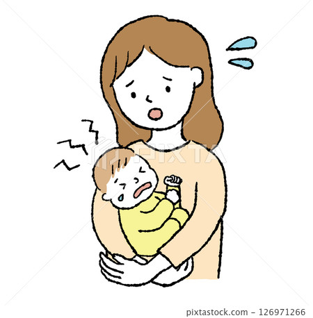 一位母親抱著哭泣的嬰兒的線條畫插圖 126971266