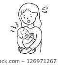 一位母親抱著哭泣的嬰兒的線條畫插圖 126971267
